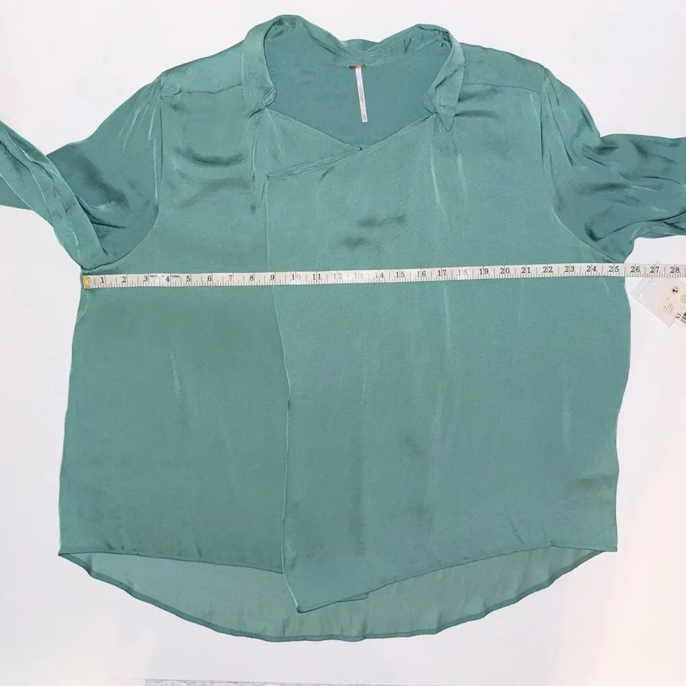 NWT Free People Shine Bright Cowl Top Collared Drape Blouse Vert de Mer Green XL